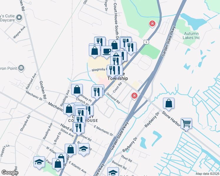 map of restaurants, bars, coffee shops, grocery stores, and more near 205 Crest Road in Cape May County