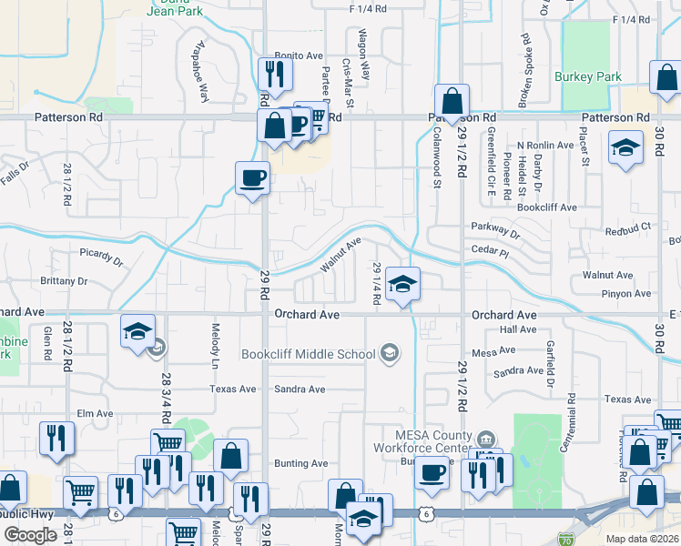 map of restaurants, bars, coffee shops, grocery stores, and more near 556 Pine Meadows Drive in Grand Junction