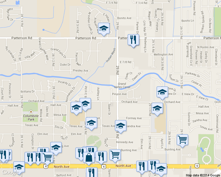 map of restaurants, bars, coffee shops, grocery stores, and more near 2896 Pinyon Avenue in Grand Junction