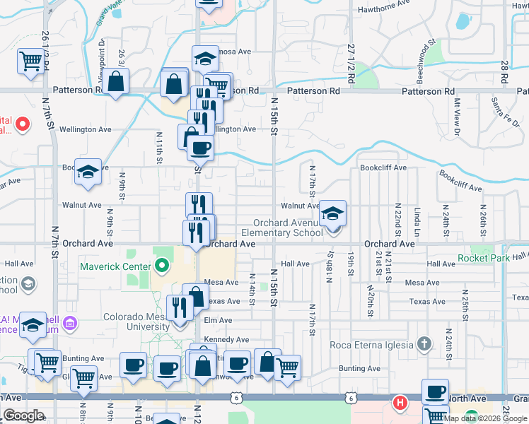 map of restaurants, bars, coffee shops, grocery stores, and more near 1391 Pinyon Avenue in Grand Junction