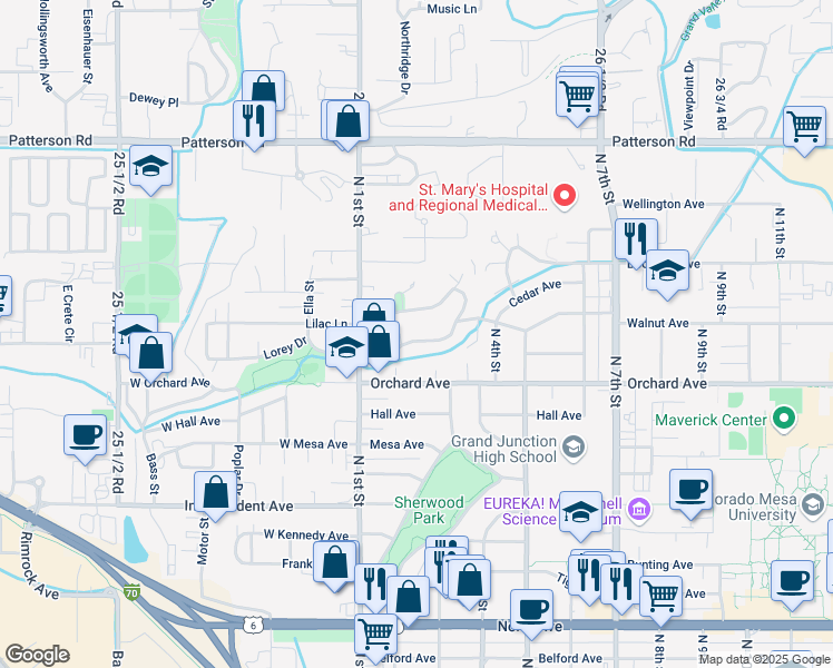 map of restaurants, bars, coffee shops, grocery stores, and more near 245 Walnut Avenue in Grand Junction