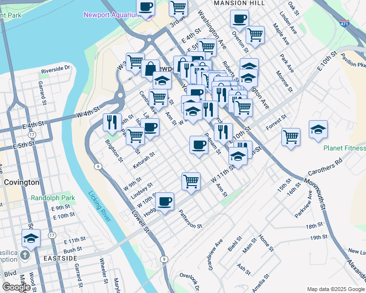 map of restaurants, bars, coffee shops, grocery stores, and more near 218 West 9th Street in Newport