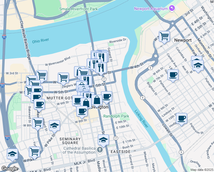 map of restaurants, bars, coffee shops, grocery stores, and more near 526 Greenup Street in Covington