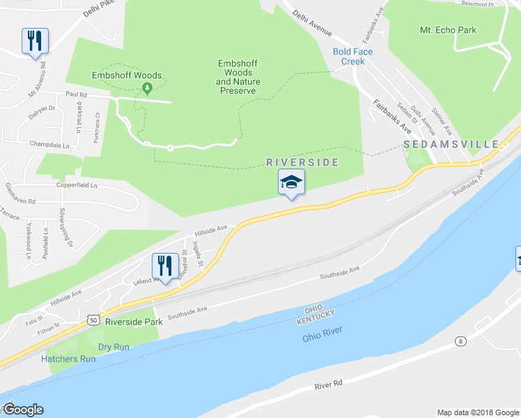 map of restaurants, bars, coffee shops, grocery stores, and more near 3308 River Road in Cincinnati