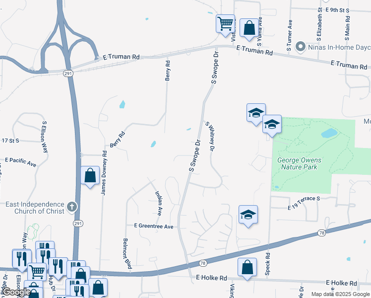 map of restaurants, bars, coffee shops, grocery stores, and more near 1800 South Swope Drive in Independence