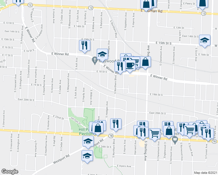 map of restaurants, bars, coffee shops, grocery stores, and more near 10624 East 19th Terrace in Independence