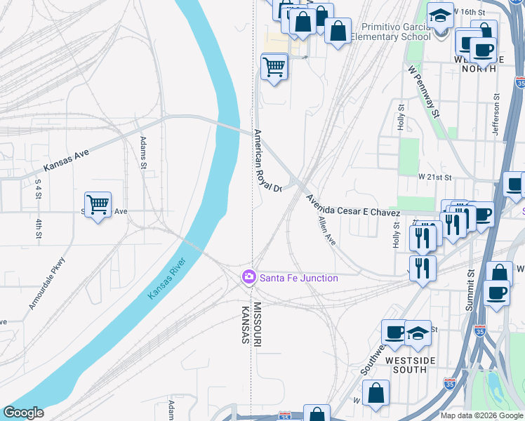 map of restaurants, bars, coffee shops, grocery stores, and more near 1701 Liberty Street in Kansas City