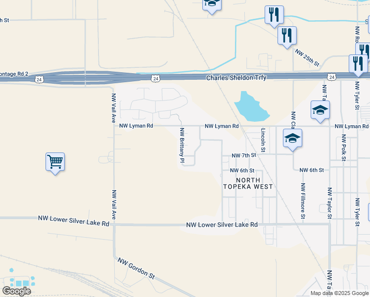 map of restaurants, bars, coffee shops, grocery stores, and more near 67-79 NW Brittany Ln in Topeka