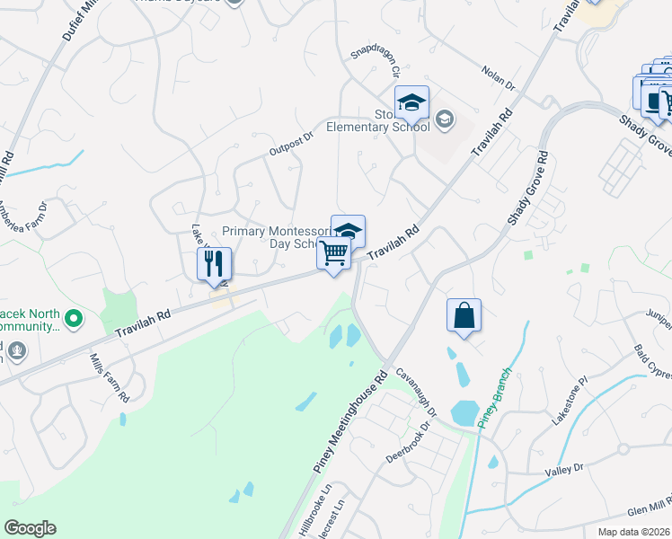 map of restaurants, bars, coffee shops, grocery stores, and more near 14119 Travilah Road in Rockville