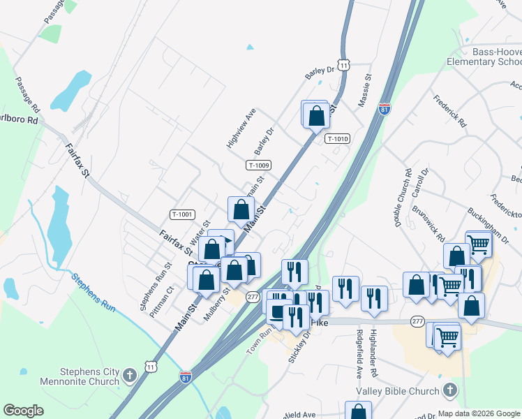 map of restaurants, bars, coffee shops, grocery stores, and more near Route 11 in Stephens City