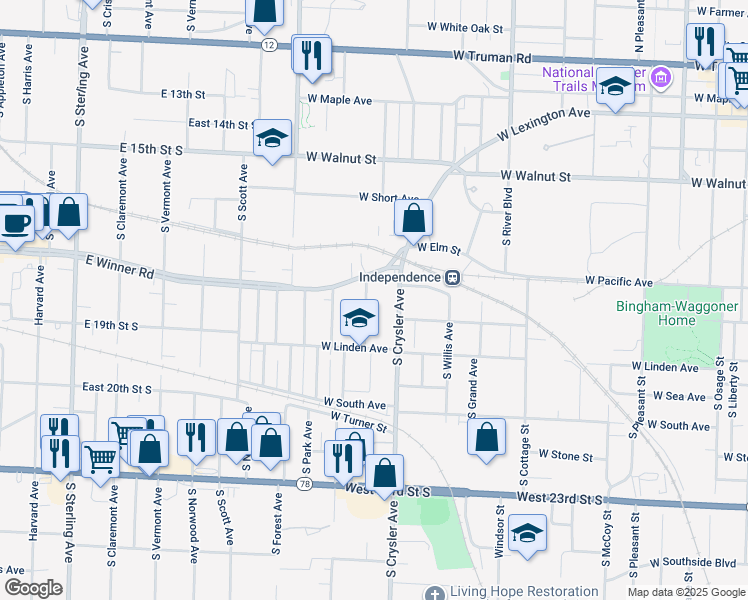 map of restaurants, bars, coffee shops, grocery stores, and more near 631 South Fuller Avenue in Independence