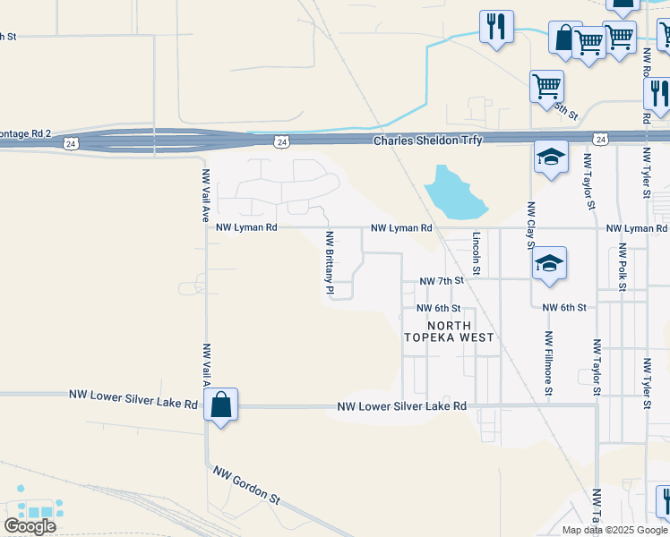 map of restaurants, bars, coffee shops, grocery stores, and more near 67-79 NW Brittany Ln in Topeka
