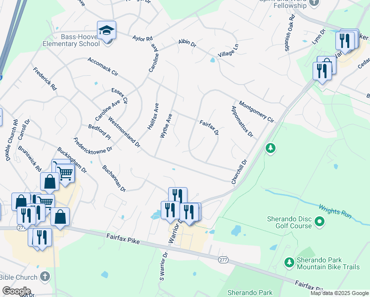 map of restaurants, bars, coffee shops, grocery stores, and more near 99 Dinwiddie Court in Stephens City