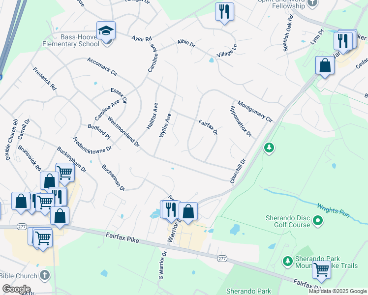 map of restaurants, bars, coffee shops, grocery stores, and more near 99 Dinwiddie Court in Stephens City