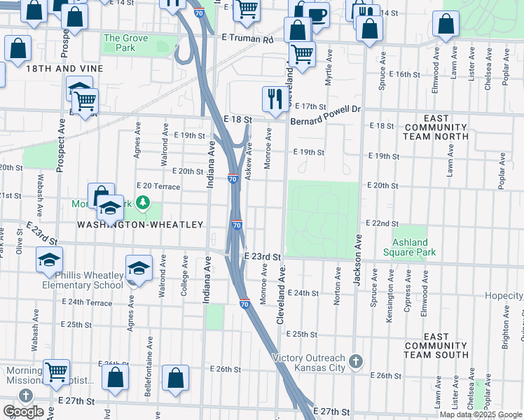 map of restaurants, bars, coffee shops, grocery stores, and more near 2100 Monroe Avenue in Kansas City