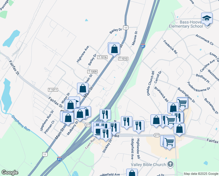 map of restaurants, bars, coffee shops, grocery stores, and more near 5219 Pan Tops Drive in Stephens City