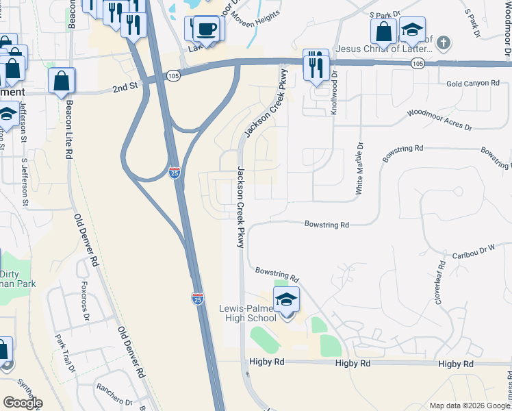 map of restaurants, bars, coffee shops, grocery stores, and more near 1445 Bowstring Road in Monument