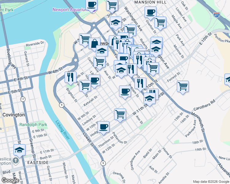 map of restaurants, bars, coffee shops, grocery stores, and more near 218 West 9th Street in Newport