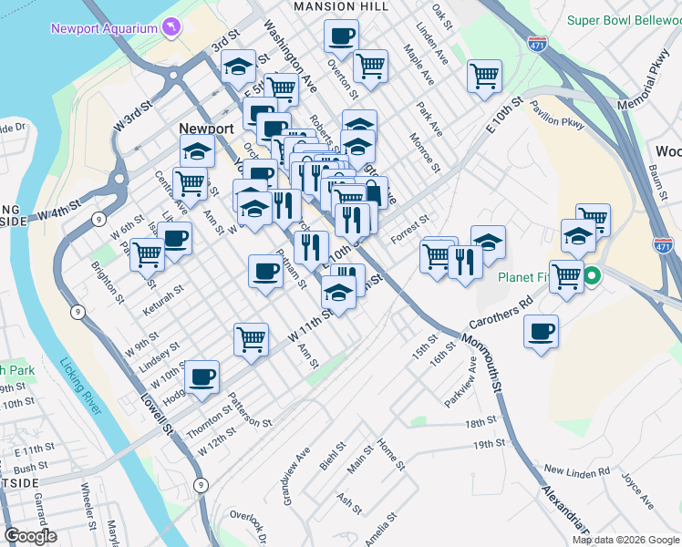 map of restaurants, bars, coffee shops, grocery stores, and more near 16 U.S. 27 in Newport