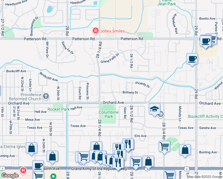 map of restaurants, bars, coffee shops, grocery stores, and more near 562 Garden Grove Court in Grand Junction