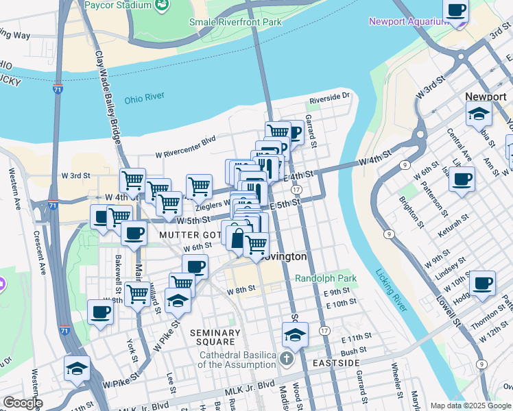 map of restaurants, bars, coffee shops, grocery stores, and more near 18 East 5th Street in Covington