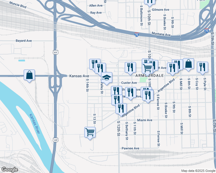 map of restaurants, bars, coffee shops, grocery stores, and more near 625 South Valley Street in Kansas City