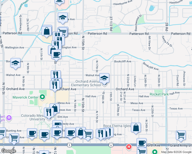 map of restaurants, bars, coffee shops, grocery stores, and more near 2021 North 17th Street in Grand Junction