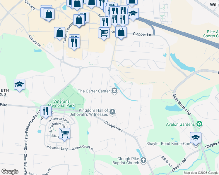 map of restaurants, bars, coffee shops, grocery stores, and more near 4342 Glen Este-Withamsville Road in Cincinnati
