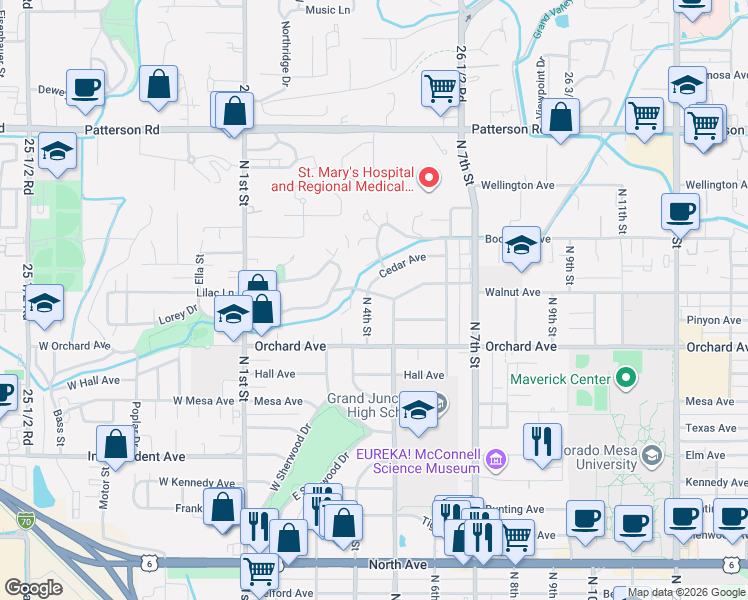 map of restaurants, bars, coffee shops, grocery stores, and more near 1940 North 4th Street in Grand Junction