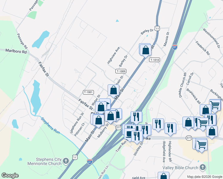 map of restaurants, bars, coffee shops, grocery stores, and more near 5311 Germain Street in Stephens City