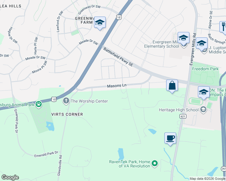map of restaurants, bars, coffee shops, grocery stores, and more near 202 Masons Lane in Leesburg