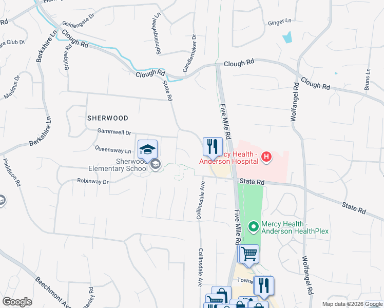 map of restaurants, bars, coffee shops, grocery stores, and more near 7342 Blue Boar Drive in Cincinnati