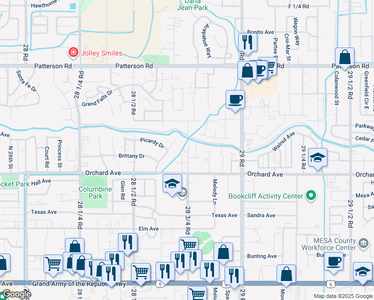 map of restaurants, bars, coffee shops, grocery stores, and more near Pinyon Avenue in Grand Junction