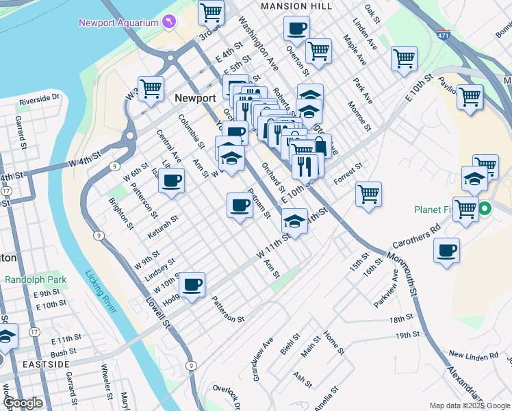 map of restaurants, bars, coffee shops, grocery stores, and more near 1001 Columbia Street in Newport