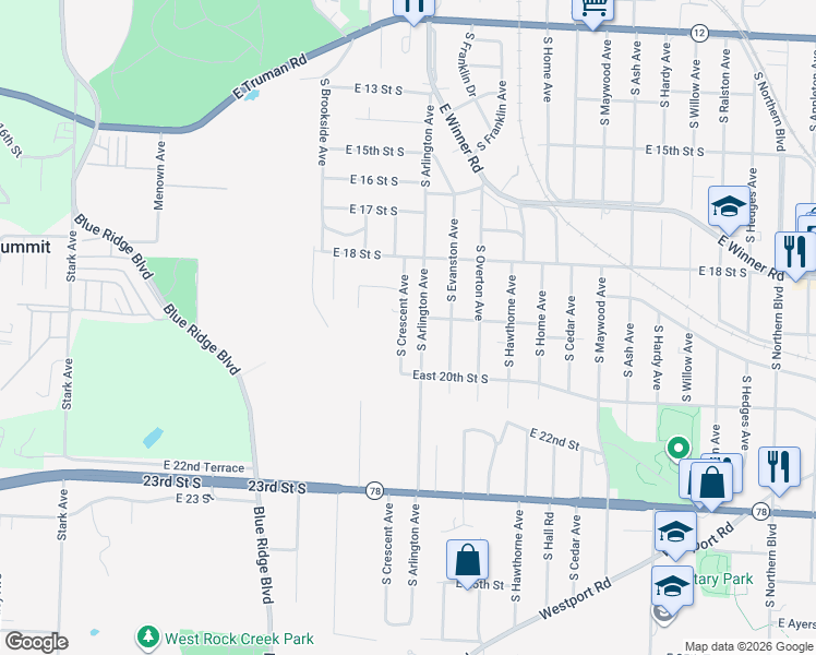 map of restaurants, bars, coffee shops, grocery stores, and more near 1928 South Crescent Avenue in Independence