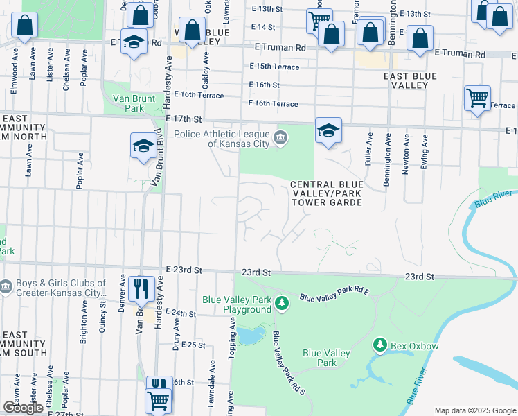 map of restaurants, bars, coffee shops, grocery stores, and more near 5871 East 21st Street in Kansas City