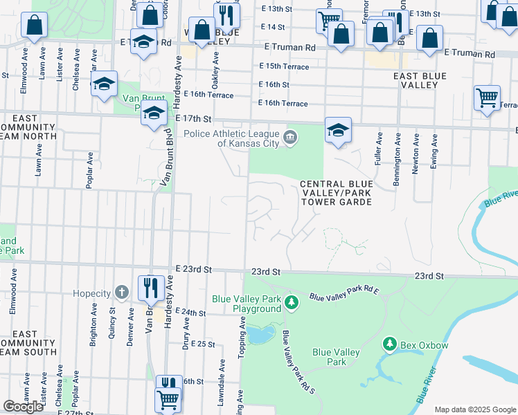 map of restaurants, bars, coffee shops, grocery stores, and more near 5803 East 21st Street in Kansas City
