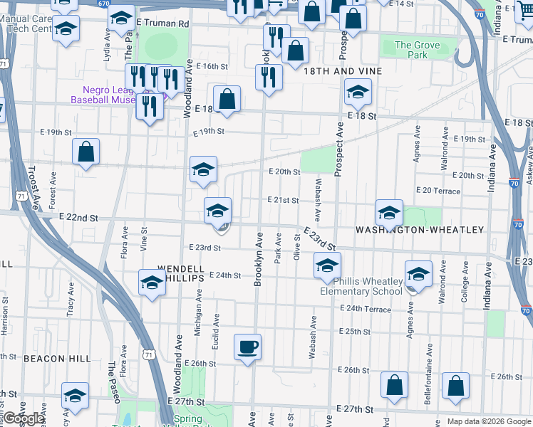 map of restaurants, bars, coffee shops, grocery stores, and more near 2206 Brooklyn Avenue in Kansas City