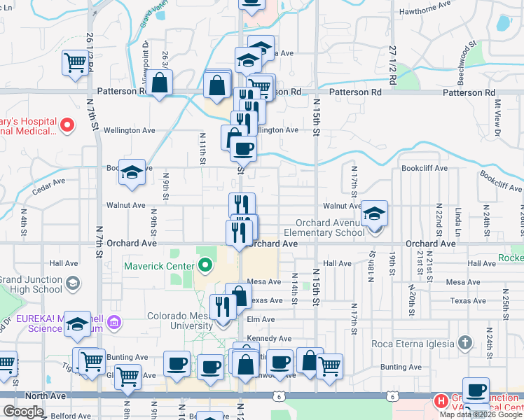map of restaurants, bars, coffee shops, grocery stores, and more near 1251 Walnut Avenue in Grand Junction