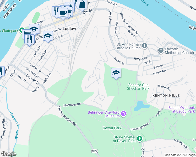map of restaurants, bars, coffee shops, grocery stores, and more near 540 Rivers Breeze Drive in Ludlow