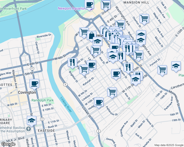map of restaurants, bars, coffee shops, grocery stores, and more near 834 Isabella Street in Newport
