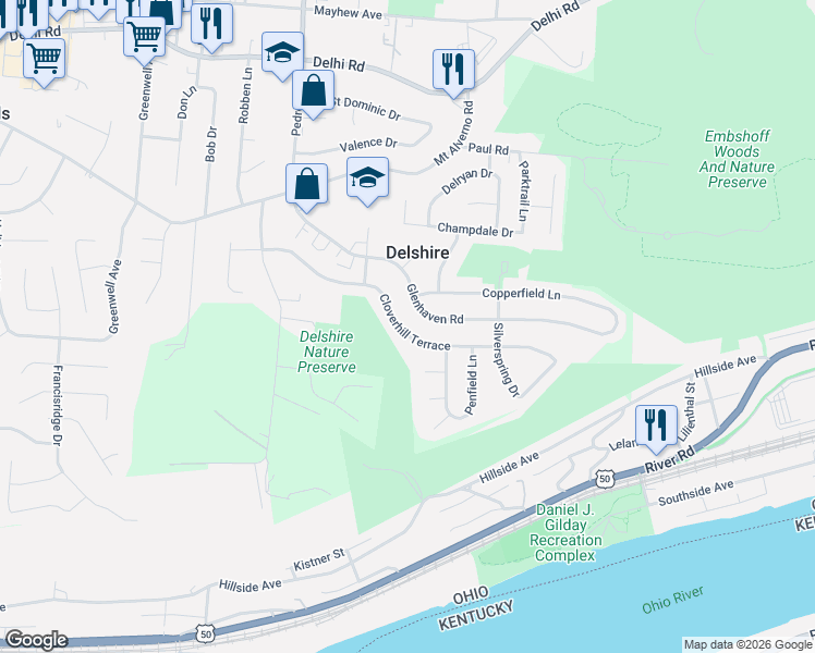 map of restaurants, bars, coffee shops, grocery stores, and more near 4341 Cloverhill Terrace in Cincinnati