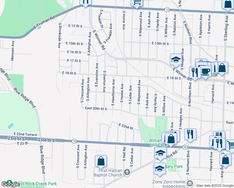map of restaurants, bars, coffee shops, grocery stores, and more near 1901 South Hawthorne Avenue in Independence