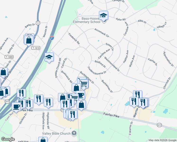 map of restaurants, bars, coffee shops, grocery stores, and more near 219 Fredericktowne Drive in Stephens City