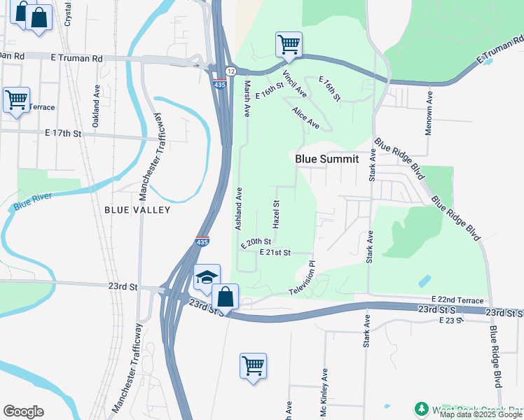 map of restaurants, bars, coffee shops, grocery stores, and more near 8501 East 19th Street in Kansas City