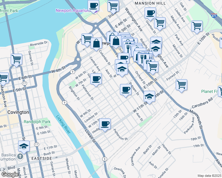map of restaurants, bars, coffee shops, grocery stores, and more near 832 Central Avenue in Newport
