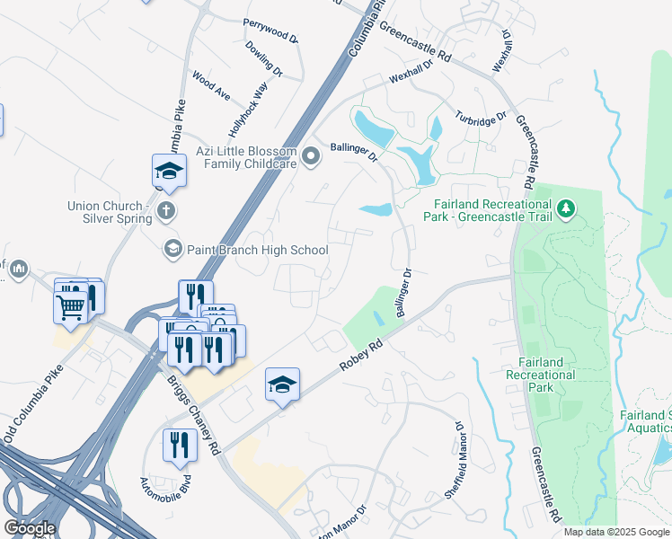 map of restaurants, bars, coffee shops, grocery stores, and more near 14175 Castle Boulevard in Silver Spring