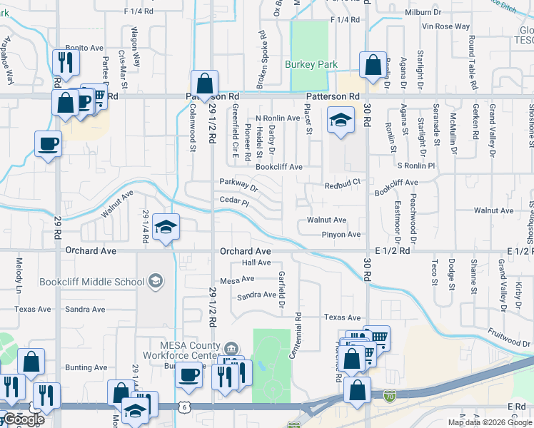 map of restaurants, bars, coffee shops, grocery stores, and more near 2967 Parkway Dr in Grand Junction