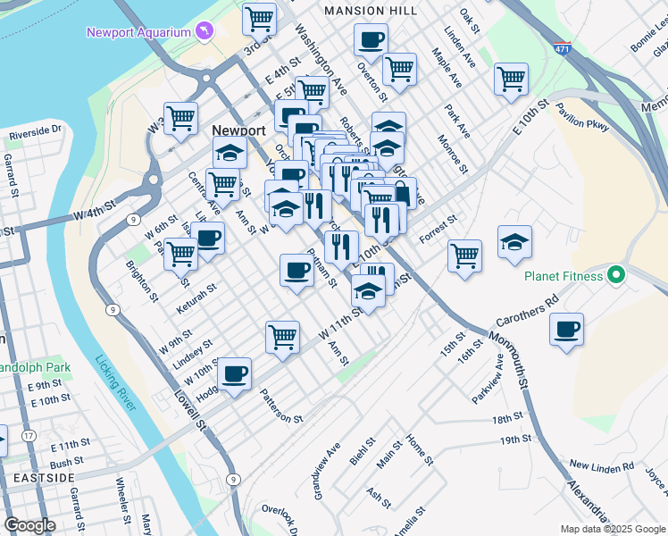 map of restaurants, bars, coffee shops, grocery stores, and more near 932 Orchard Street in Newport