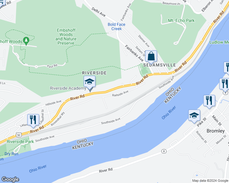 map of restaurants, bars, coffee shops, grocery stores, and more near 3176 River Road in Cincinnati
